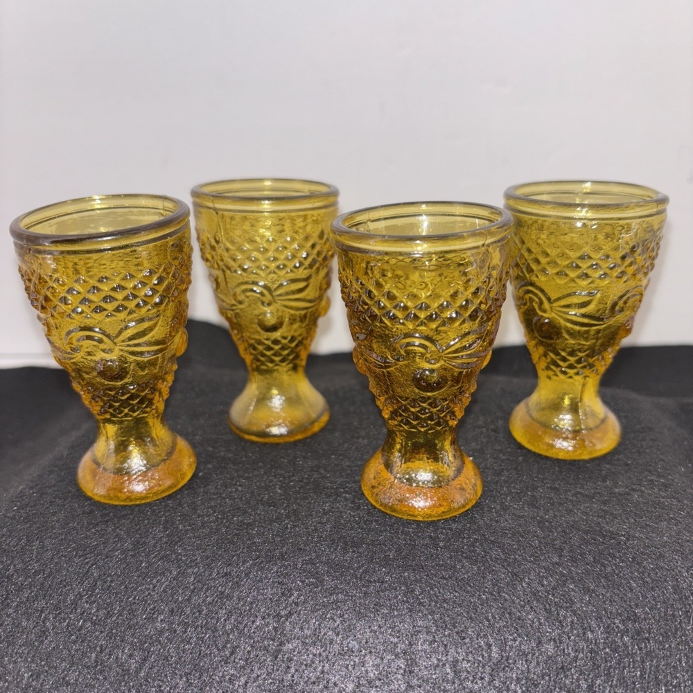 Cordial Glasses Four  Vintage Amber  1970s Taiwan Sandwich Pressed Liquor